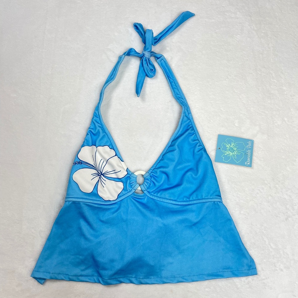Y2K Swim Top Women Large Blue NWT Hibiscus Halter O-Ring Made in USA